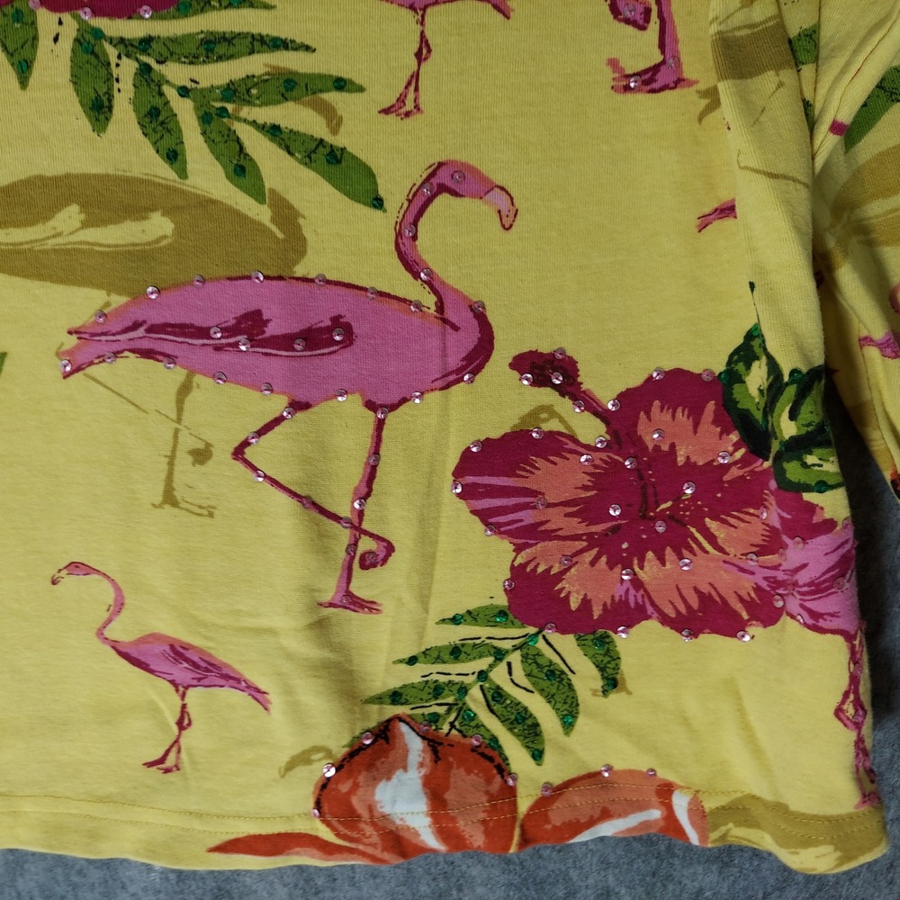 VTG Jane Ashley 100% Cotton Top S Petite Yellow Tropical Flamingo Embellished - Picture 2 of 7